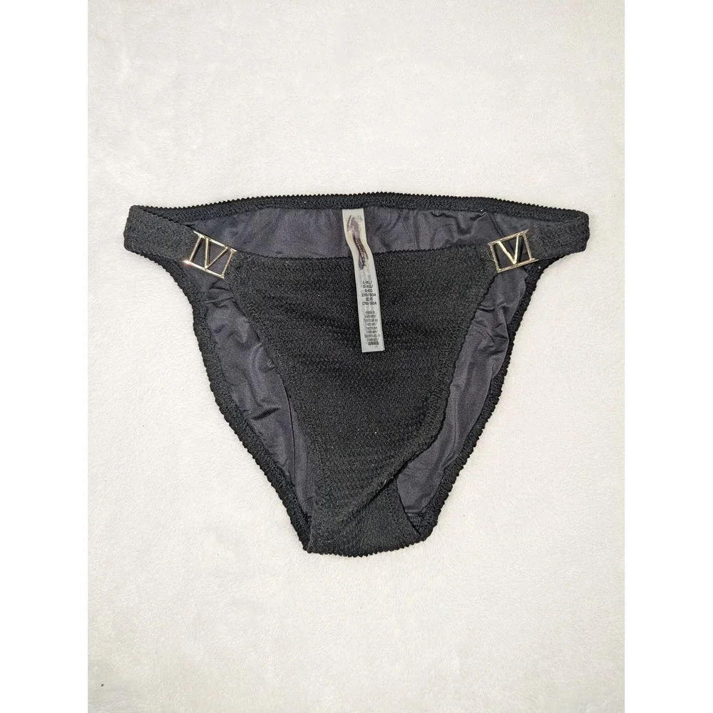 Victoria's Secret Black Smocked‎ Bikini Bottom Gold V Hardware L-XL